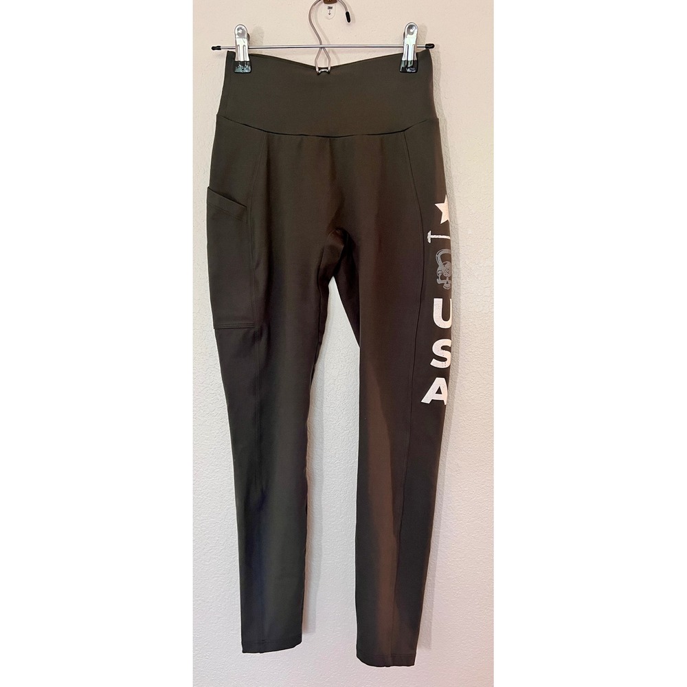 Bombshell USA Leggings Olive Green High Waist Pocket Gym Pants S - Picture 2 of 7